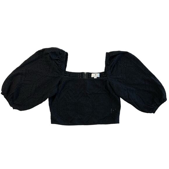Socialite Women's Medium Black Eyelet Cropped Puff Sleeve Blouse Cottage - Picture 1 of 7